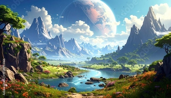Obraz Fantasy Landscape River with Mountains, and Alien Planet.