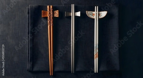 Fototapeta Elegant Chopsticks Showcase: A Study in Texture and Form, Perfect for High-End Dining Concepts & Asian Food Artistry. Sleek Lines & Dark Background
