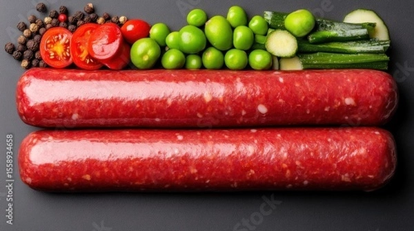 Obraz Delicious Smoked Sausages with Fresh Vegetables