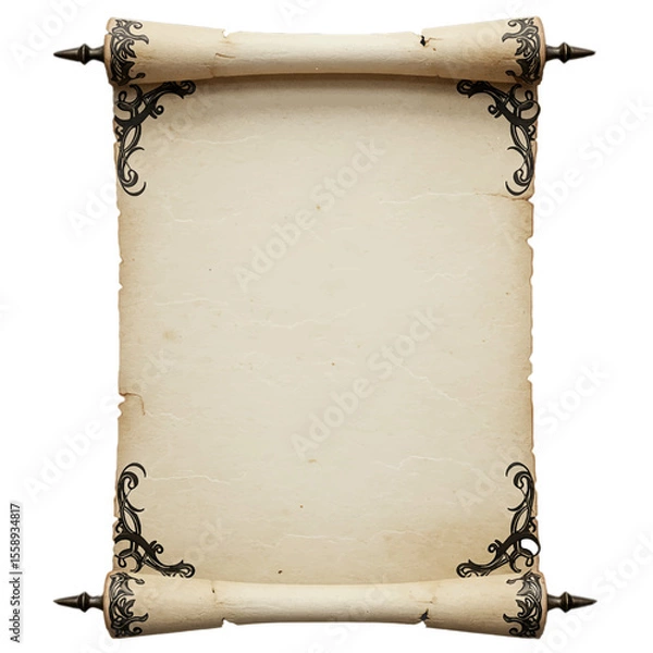 Fototapeta empty ancient parchment scroll for text or design mockup isolated on white background 
