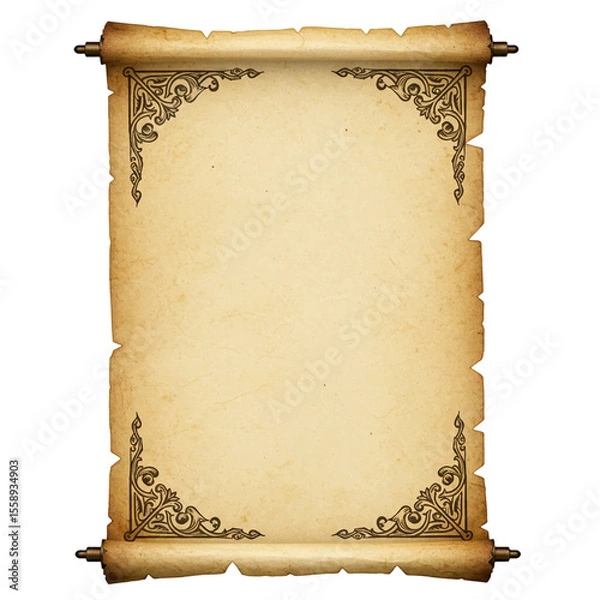 Fototapeta empty ancient parchment scroll for text or design mockup isolated on white background 