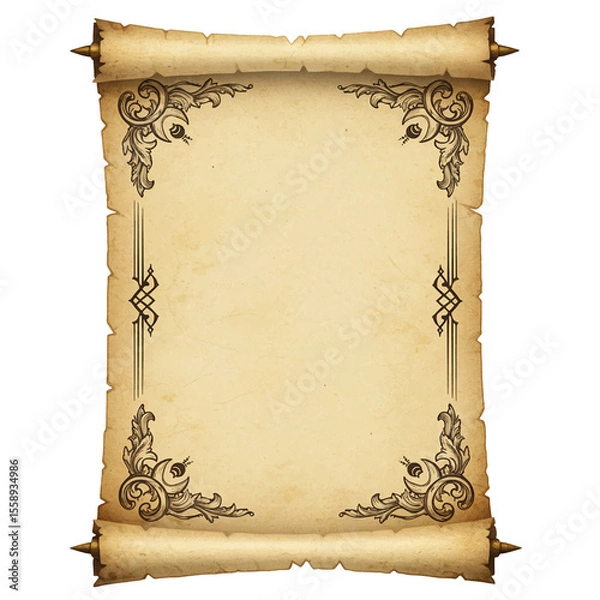 Fototapeta empty ancient parchment scroll for text or design mockup isolated on white background 