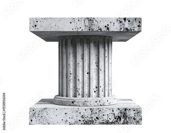 Fototapeta architectural cement pedestal with fluted column and rain-splattered texture, classic concrete plinth with modern brutalist surface, on isolated background
