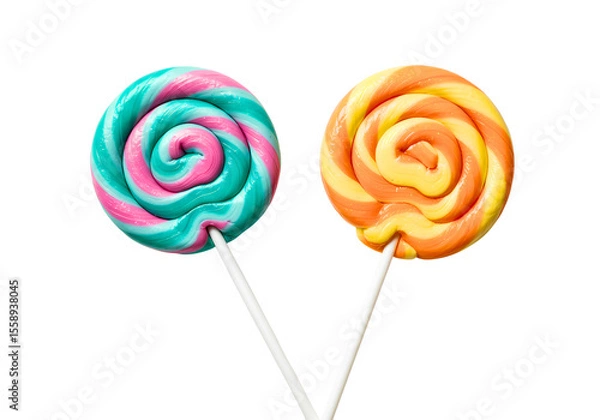 Fototapeta Two swirl lollipops green yellow and pink orange isolated on transparent background