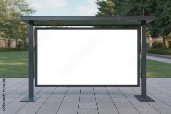 Fototapeta Blank billboard under a bus stop shelter on a tiled surface with trees in the background outdoors