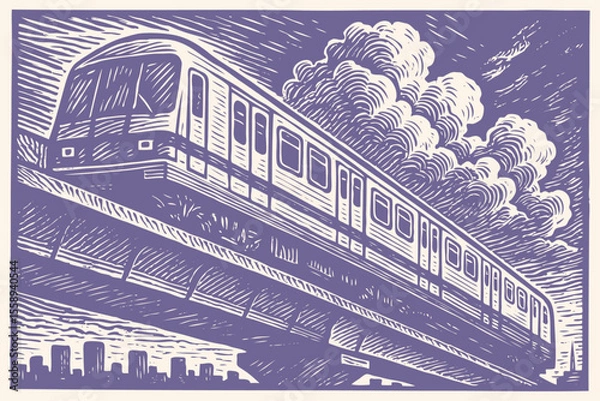 Fototapeta A modern metro train on an elevated railway above a city. Vector illustration in a dynamic, vintage woodcut or linocut print style for transport themes.