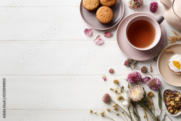 Obraz 木製の白いテーブルで楽しむティータイムとドライフラワーの飾り