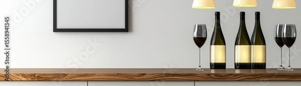 Obraz Wine bottles and glasses sit atop a wooden surface