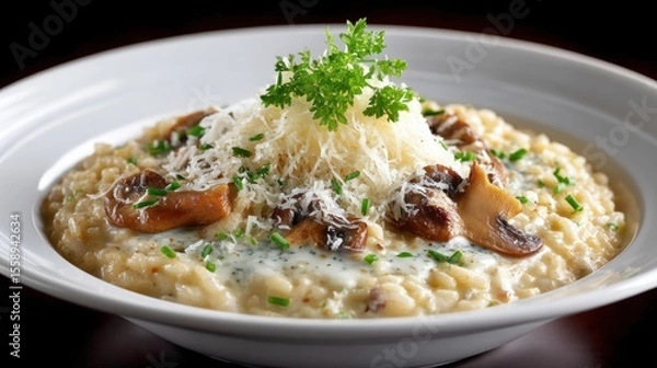 Fototapeta Creamy mushroom risotto garnished with fresh herbs and grated cheese served in a white bowl on a dark surface close-up gourmet Italian dinner plate
