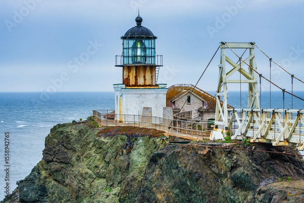 Fototapeta Dramatic coastal view of Point Bonita Lighthouse on a rocky cliff with a suspension bridge and powerful ocean waves, Marin Headlands, California