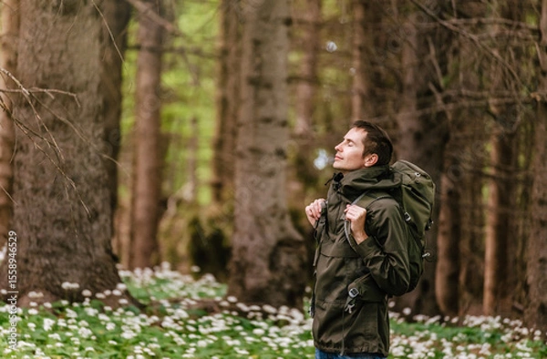 Obraz Man Enjoying Fresh Air and Nature in Forest