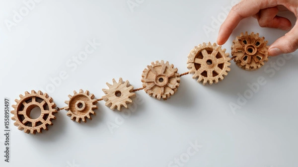 Fototapeta Automating workflow processes, a hand places wooden gears to illustrate systematic flowchart-based business operations on a white background