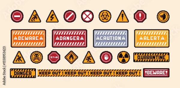 Obraz Set of the danger and attention signs, pixel icons. 8 bit pixel button set. Collection isolated vector illustrations