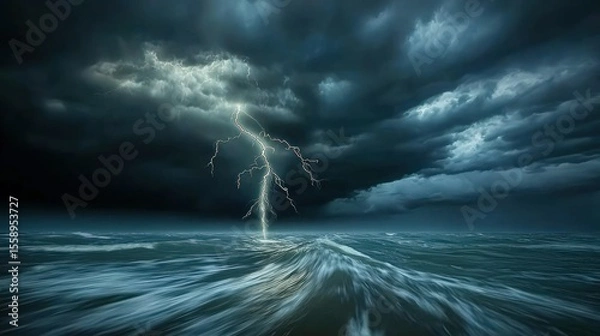 Fototapeta Lightning strikes the ocean during a violent and stormy weather event
