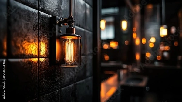 Fototapeta An illuminated light fixture is attached to a dark tiled wall