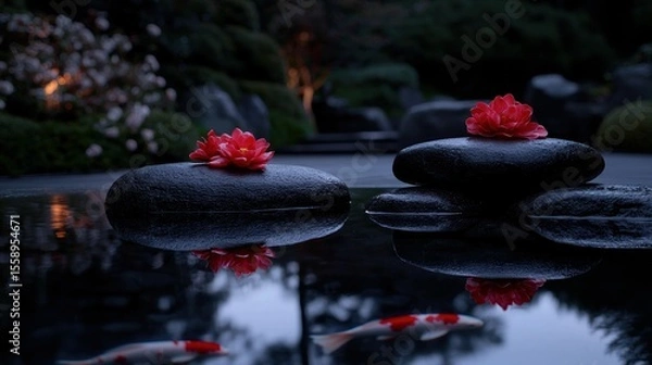 Fototapeta Tranquil water feature displaying flowers and stones with koi fish below