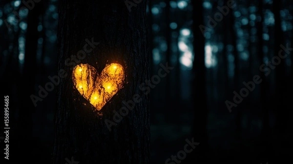 Fototapeta A Glowing Heart Carved into a Tree in a Dark Forest
