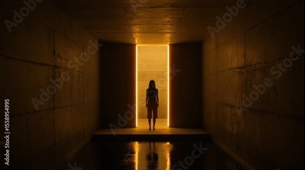 Fototapeta A person stands before illuminated opening in a dark enclosure
