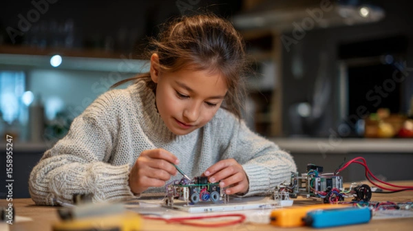 Fototapeta A girl uses a multimeter to test circuits on a robot sheâ€™s building for a school science project at home