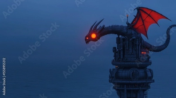 Fototapeta A detailed view of a mechanical dragon on a tall structure