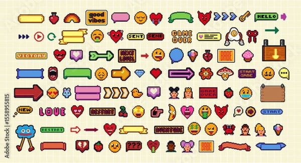 Obraz Pixels Y2k funny playful emoticon, frame, arrow, icon stickers. 8-bit retro style vector illustration for social media. Set of pixel art. Emoji pixelated icons.