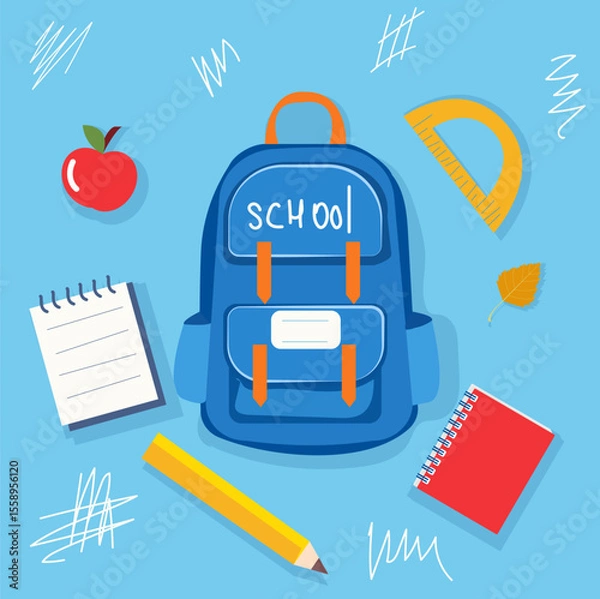 Fototapeta A vibrant blue backpack with the word school is surrounded by essential stationery items including an apple, notebooks, a pencil, and a protractor. This depiction emphasizes school readiness