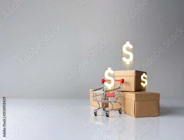 Obraz Mini shopping cart and cardboard boxes with dollar icons on gray background