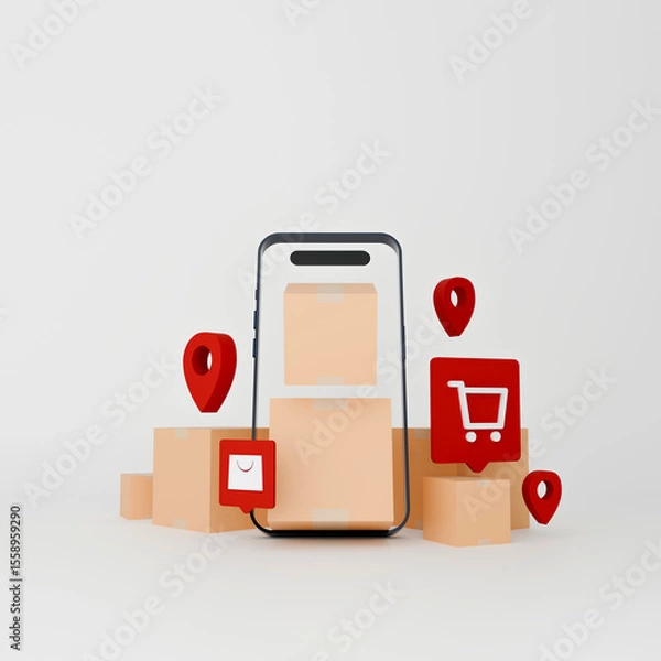 Obraz Express delivery concept with phone, parcels, and location pins for fast logistics and shipping