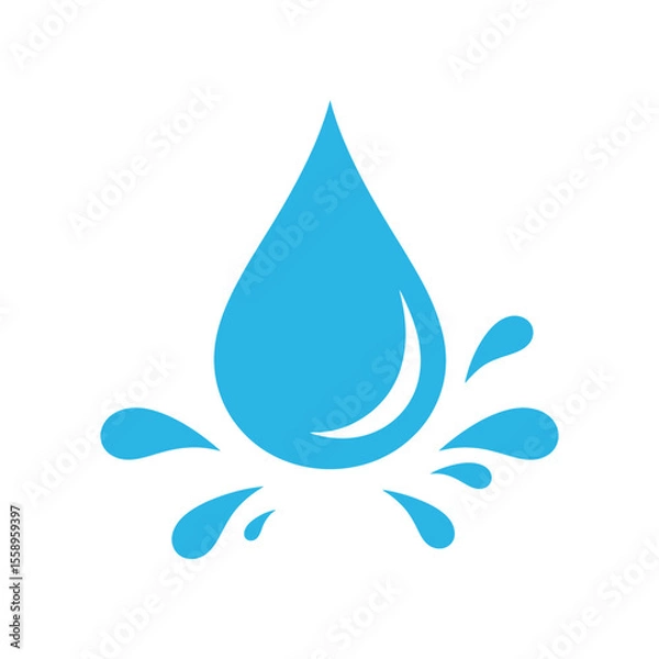 Fototapeta A blue water drop icon with splashes isolated on white background