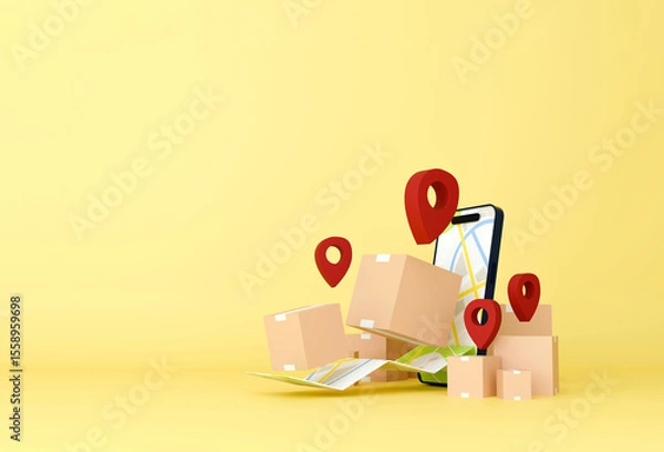 Obraz Express delivery concept with phone, parcels, and location pins for fast logistics and shipping
