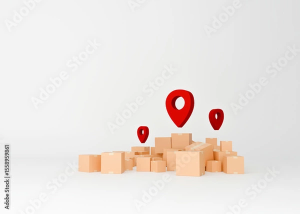 Obraz E-commerce logistics with cardboard boxes and delivery location icons