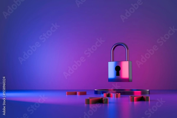 Obraz Colorful padlock floating above keyhole with broken key pieces on neon gradient background, symbolizing digital security or data breach