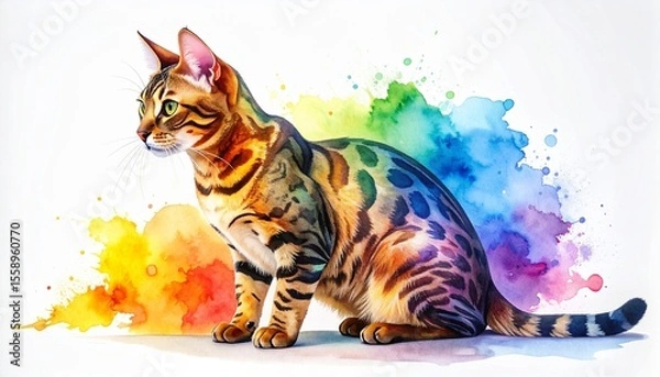 Obraz Bengal Cat Painted In Watercolor On A White Background In A Realistic Manner, Colorfu