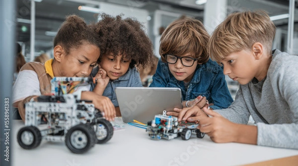 Fototapeta Students from various backgrounds build robotic cars with tablets in a STEM classroom, learning AI and engineering skills