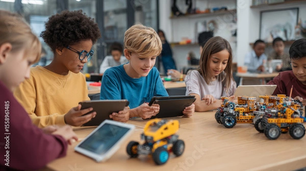 Fototapeta Students from various backgrounds build robotic cars with tablets in a STEM classroom, learning AI and engineering skills