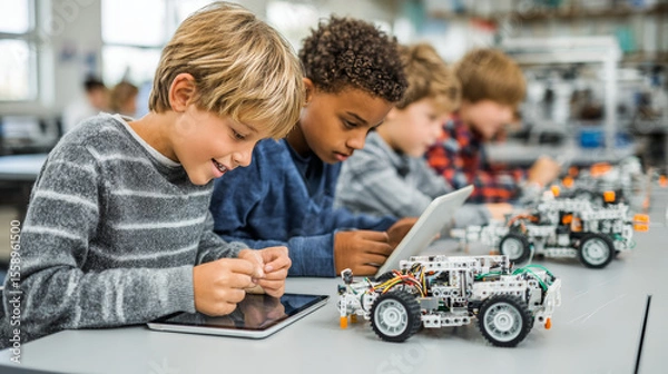 Fototapeta Students from various backgrounds build robotic cars with tablets in a STEM classroom, learning AI and engineering skills