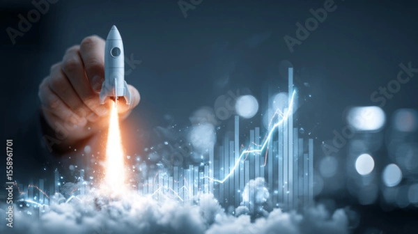 Fototapeta Visualizing financial growth, a modern collage shows a hand launching a rocket with charts symbolizing business success and rising profits