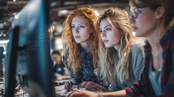 Fototapeta Women coders lead tech innovations through programming and creative problem-solving in AI-related projects