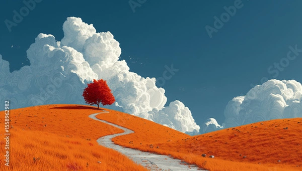 Fototapeta A winding path leads up a vibrant orange hill towards a solitary red tree under a striking blue sky with fluffy white clouds, evoking themes of journey, nature, and peaceful landscapes
