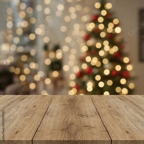Fototapeta     Rustic Wooden Table with Warm Natural Grain in Festive Christmas Background Featuring Bokeh Lights and Decorated Tree – Cozy Holiday Mockup Scene