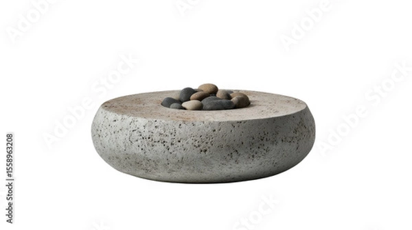 Fototapeta Minimalist Outdoor Fire Pit: A modern, round concrete fire pit adorned with smooth river rocks sits serenely, promising cozy evenings and warm gatherings under the stars.