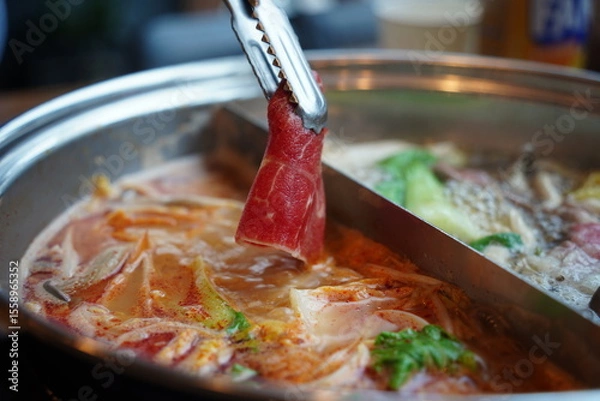 Obraz Hot Pot with Thinly Sliced Meat and Fresh Vegetables – Close-Up of Cooking Moment