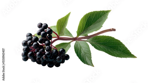 Obraz Elderberry Branch with Berries: A photorealistic rendering showcases a lush branch of elderberries, bursting with ripe, juicy berries and vibrant green leaves.