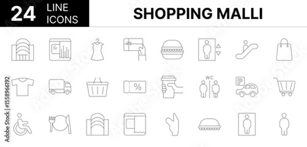 Fototapeta Collection of 24 shopping mall line icons featuring editable strokes. These outline icons depict various modes of shopping mall, supermarket, icon set, shopping, department store, person, people, shop