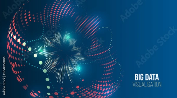 Obraz Abstract 3D sphere made of colorful dots on a dark blue background, representing digital data flow and big data visualization technology.