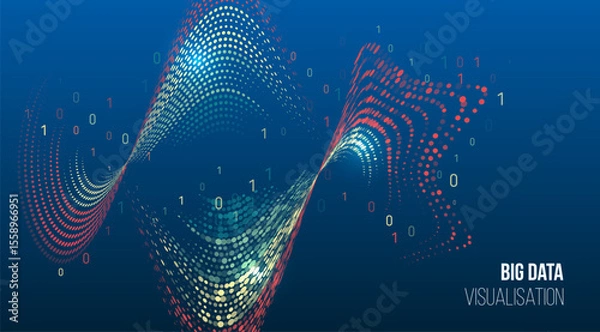 Obraz Dynamic wave of colored dots with binary code elements on blue background. Concept of big data visualization, analytics and digital technologies. For banner or presentation