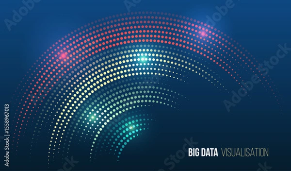 Obraz Colorful wave of circular data points on a dark blue background. Abstract visualization concept representing big data, analytics, digital flow, and modern technology.