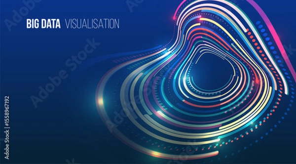 Obraz Colorful wave of circular data points on a dark blue background. Abstract visualization concept representing big data, analytics, digital flow, and modern technology.