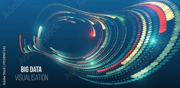 Obraz Abstract visualization concept representing big data, analytics, digital flow, and modern technology. Colorful wave of circular data points on a dark blue background.