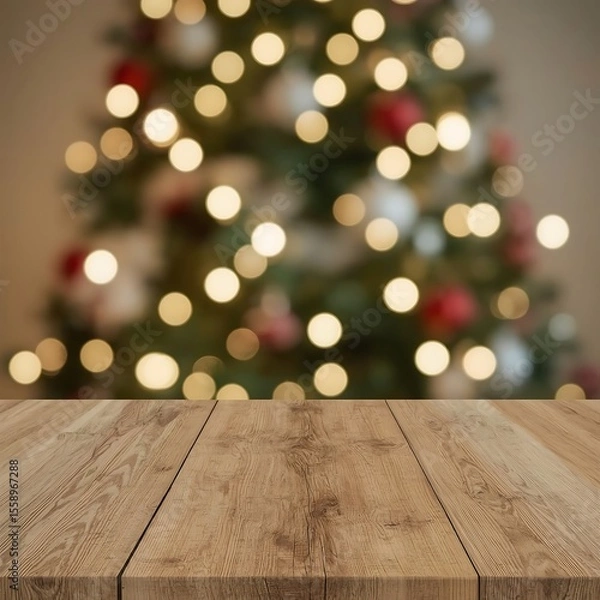 Fototapeta     Rustic Wooden Table with Warm Natural Grain in Festive Christmas Background Featuring Bokeh Lights and Decorated Tree – Cozy Holiday Mockup Scene